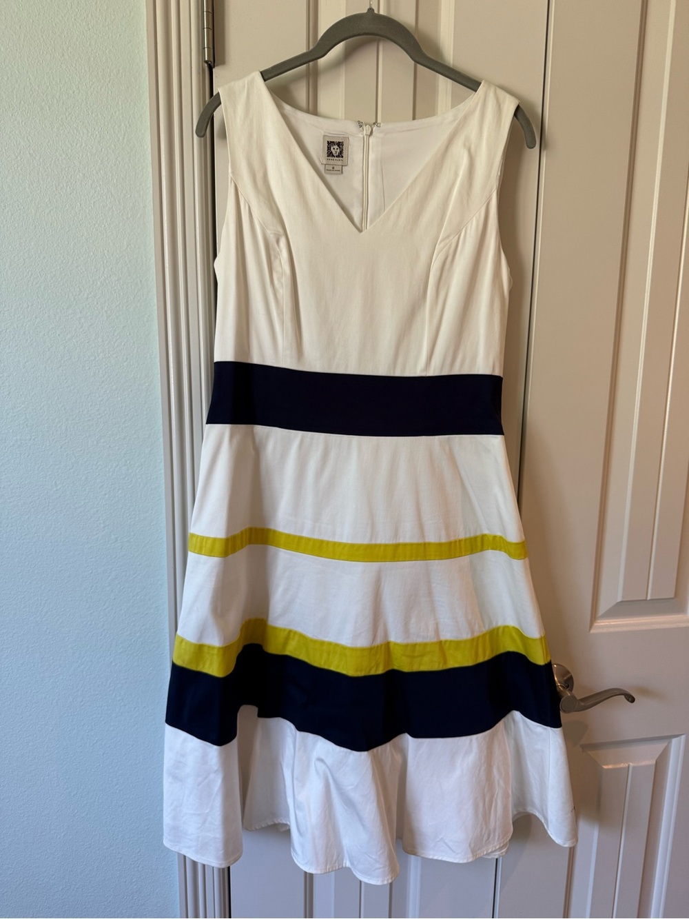 Anne Klein White Midi Dress with Navy and Yellow Stripes